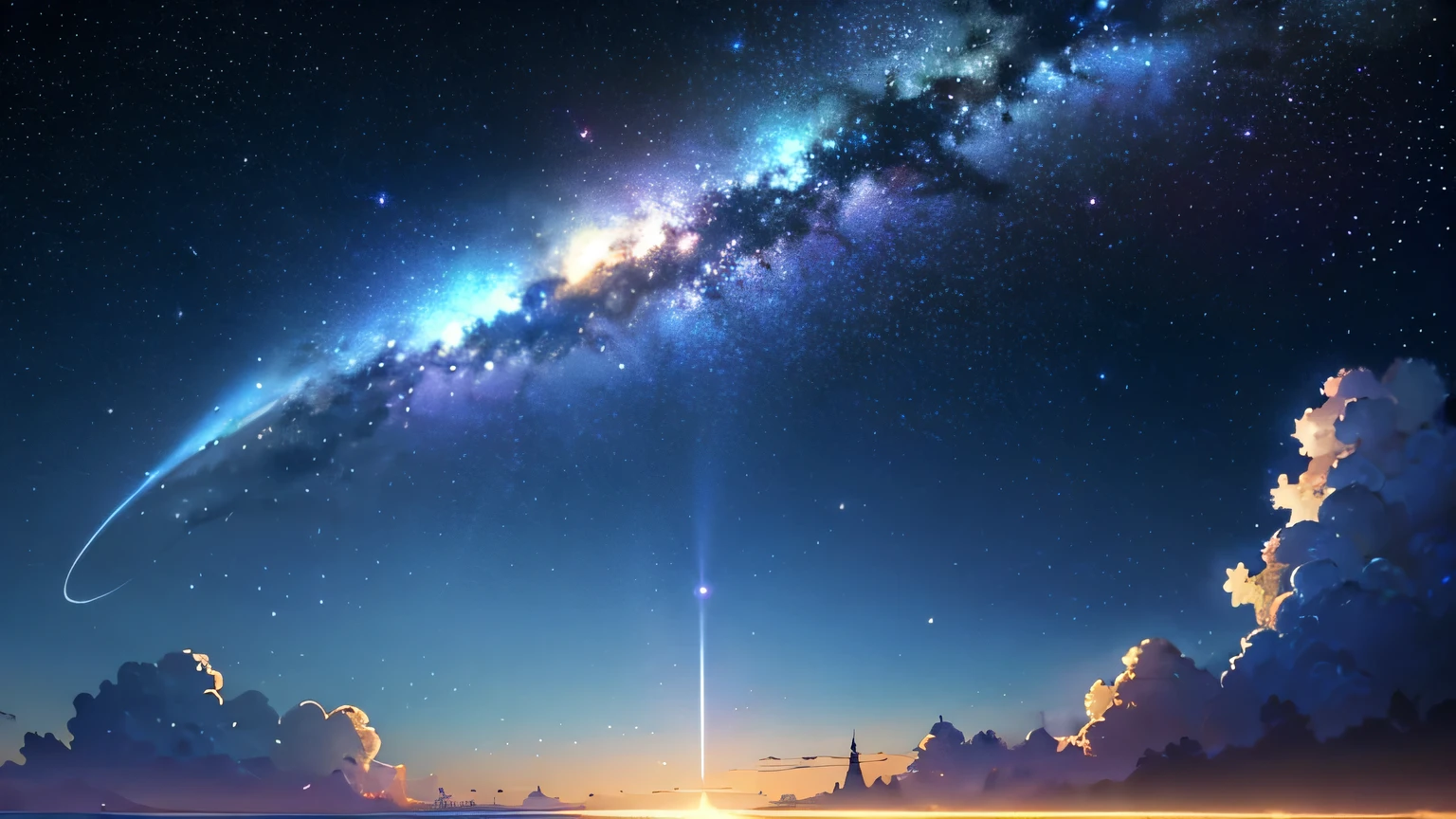masterpiece, Highest quality, (Highly detailed CG Unity 8k wallpaper), (Highest quality), (Best illustrations), Starry Sky, comet, wind, cumulus、shooting star、Anime Background, ( ( makoto shinkai ) ), アニメのwind景, アニメwind景壁紙