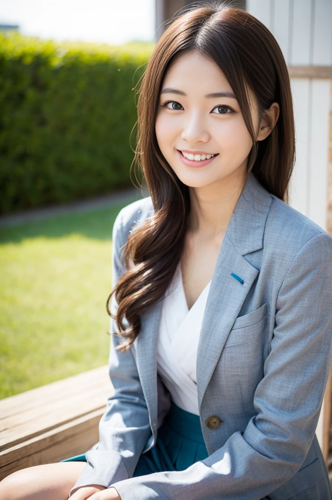 Pure Japanese girl, wearing traditional suits, natural hairstyles, sweet smile, sitting, refreshing in early summer, composition from the front, 