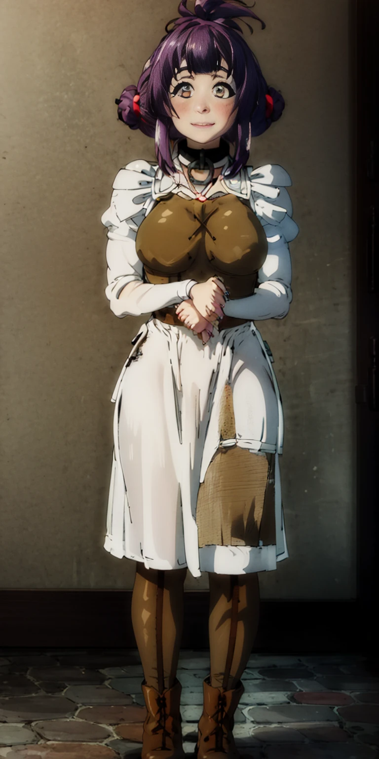 full body standing straight symmetrical, lustful smirking smile face red blush red cheeks, looking at viewer, holding tray, braid, maid headdress, maid, dress, apron, long sleeves, brown pantyhose, long leather militar boots, thighs, long white hair, masterpiece