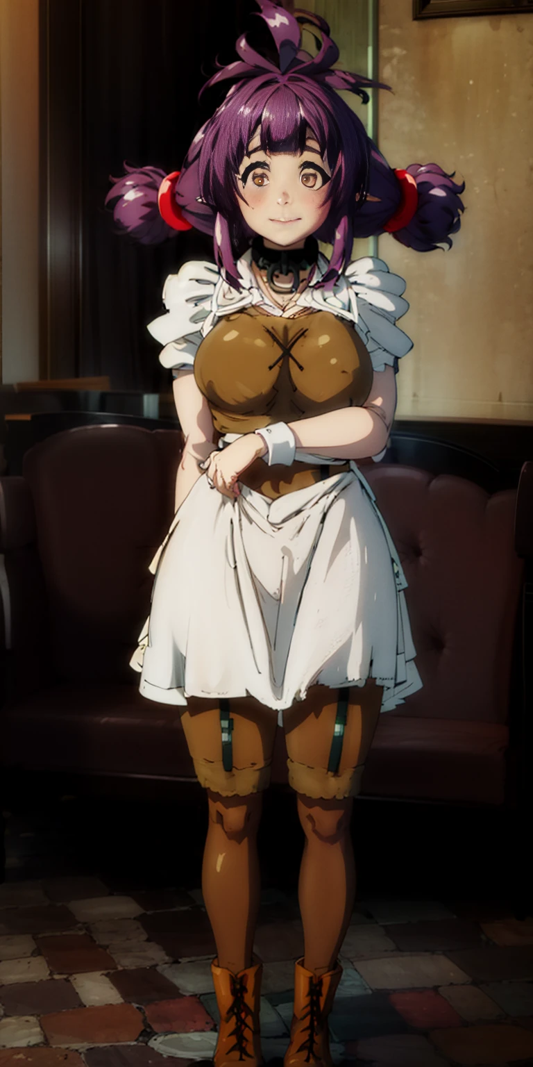 full body standing straight symmetrical, lustful smirking smile face red blush red cheeks, looking at viewer, holding tray, braid, maid headdress, maid, dress, apron, long sleeves, brown pantyhose, long leather militar boots, thighs, long white hair, masterpiece