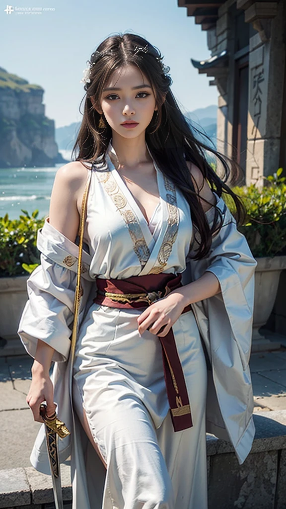 Close-up of a woman wearing a white dress and holding a sword, Portraits by Jan J., Trending on CGSociety, Fantasy art, Beautiful character drawings, artwork in the style of Gwaiz, Gwaiz, White Hanfu, Flowing white robes, Full body martial arts, Magnificent and elaborate character art, Amazing character art, beautiful female assassin