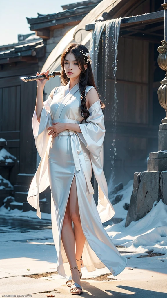 Close-up of a woman wearing a white dress and holding a sword, Portraits by Jan J., Trending on CGSociety, Fantasy art, Beautiful character drawings, artwork in the style of Gwaiz, Gwaiz, White Hanfu, Flowing white robes, Full body martial arts, Magnificent and elaborate character art, Amazing character art, beautiful female assassin