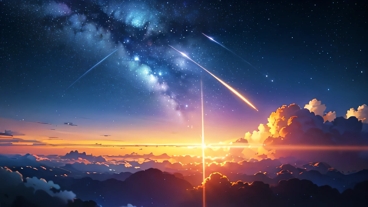 masterpiece, Highest quality, (Highly detailed CG Unity 8k wallpaper), (Highest quality), (Best illustrations), Starry Sky, comet, wind, shooting star、Anime Background, ( ( makoto shinkai ) ), アニメのwind景, アニメwind景壁紙