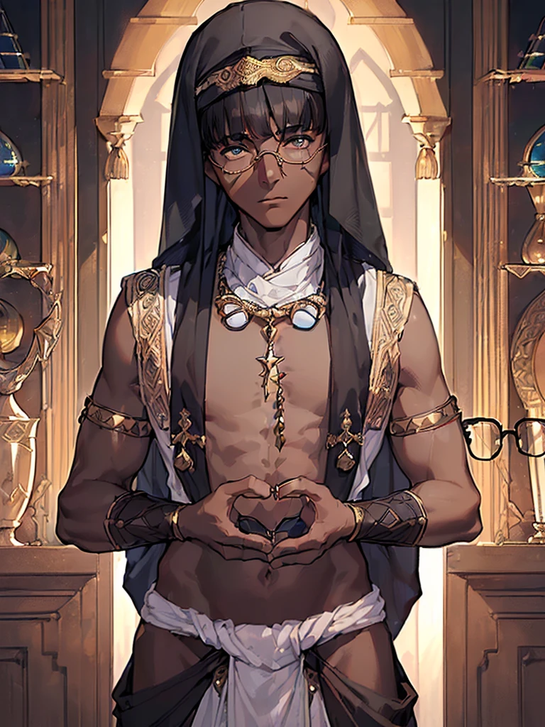 (1 boy 20 years old solo:1.4),(flat chest),(dark skin:1.7), (masterpiece:1.2), highest quality, High resolution, unity 8k wallpaper, (fine and beautiful eyes:1.6), highly detailed face, perfect lighting, Detailed CG, (perfect hands, perfect anatomy), detailed eyes, best quality, extremely detailed, very precise detailed, (loincloth:1.5),(glasses:1.6), (blunt bangs:1.3),(arabian clothes:1.5)