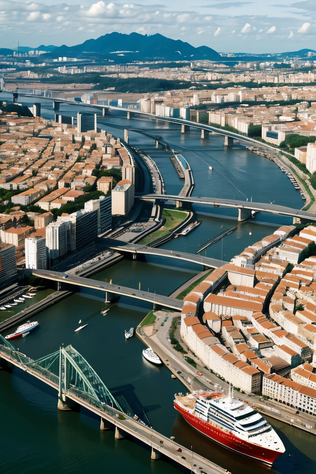 Create a magnificent image ((citys)) port built in ((format))of a ((hand)) Human, surrounding a large river.