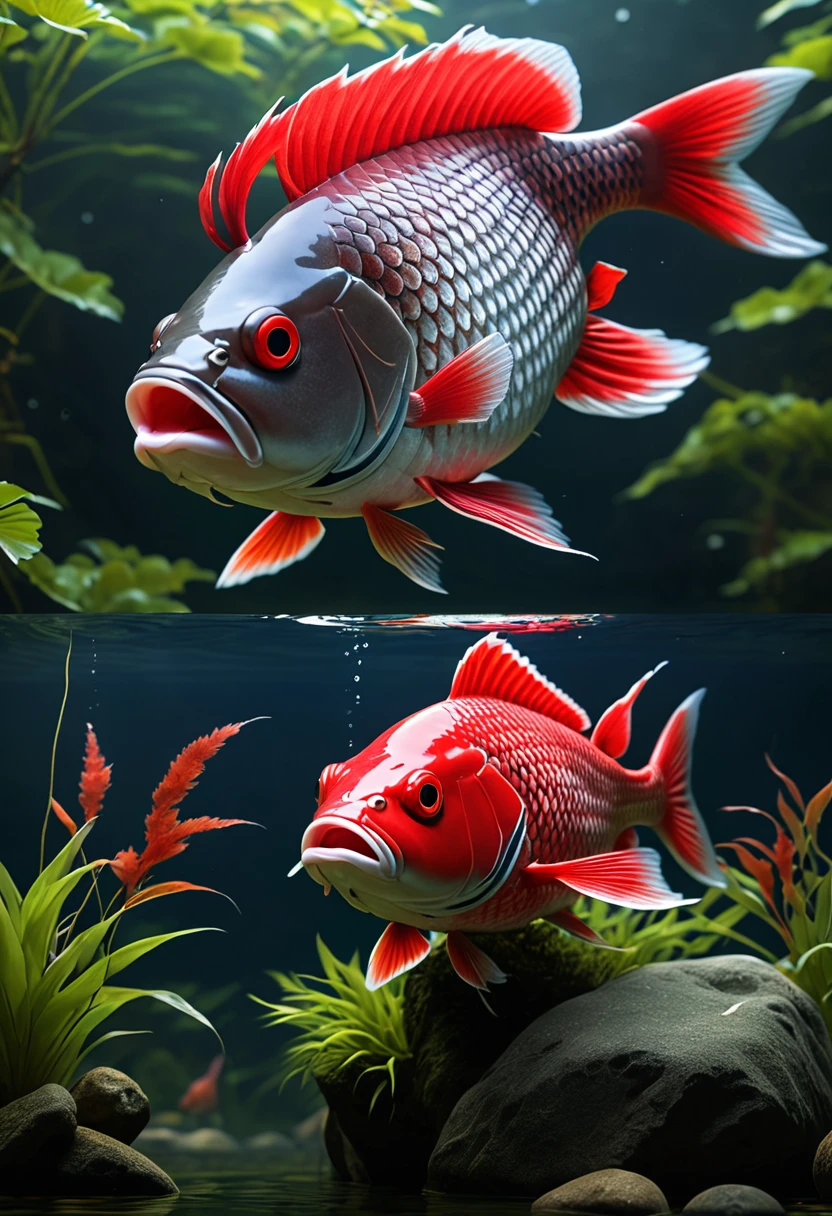 Panorama,河里有一种Mysterious Creatures,A red carp with a fish body and a human face,Mysterious Creatures, shrike, (best quality,4K,8K,High level,masterpiece:1.2),Ultra Detailed,(lifelike,Photo real,Photo real:1.37),Highly detailed animals,Complex patterns,Realistic lighting,Fantasy Creatures