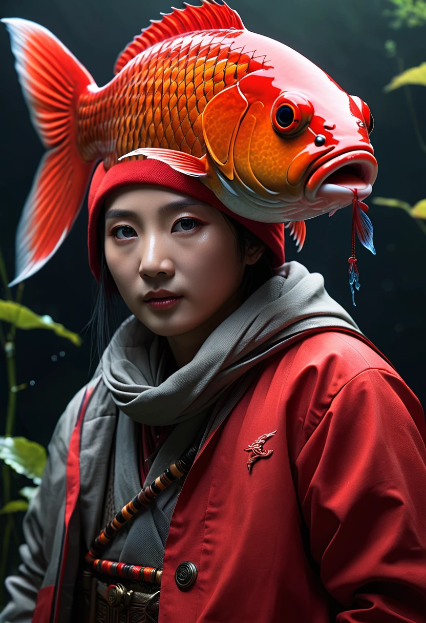 Panorama,河里有一种Mysterious Creatures,A red carp with a fish body and a human face,Mysterious Creatures, shrike, (best quality,4K,8K,High level,masterpiece:1.2),Ultra Detailed,(lifelike,Photo real,Photo real:1.37),Highly detailed animals,Complex patterns,Realistic lighting,Fantasy Creatures