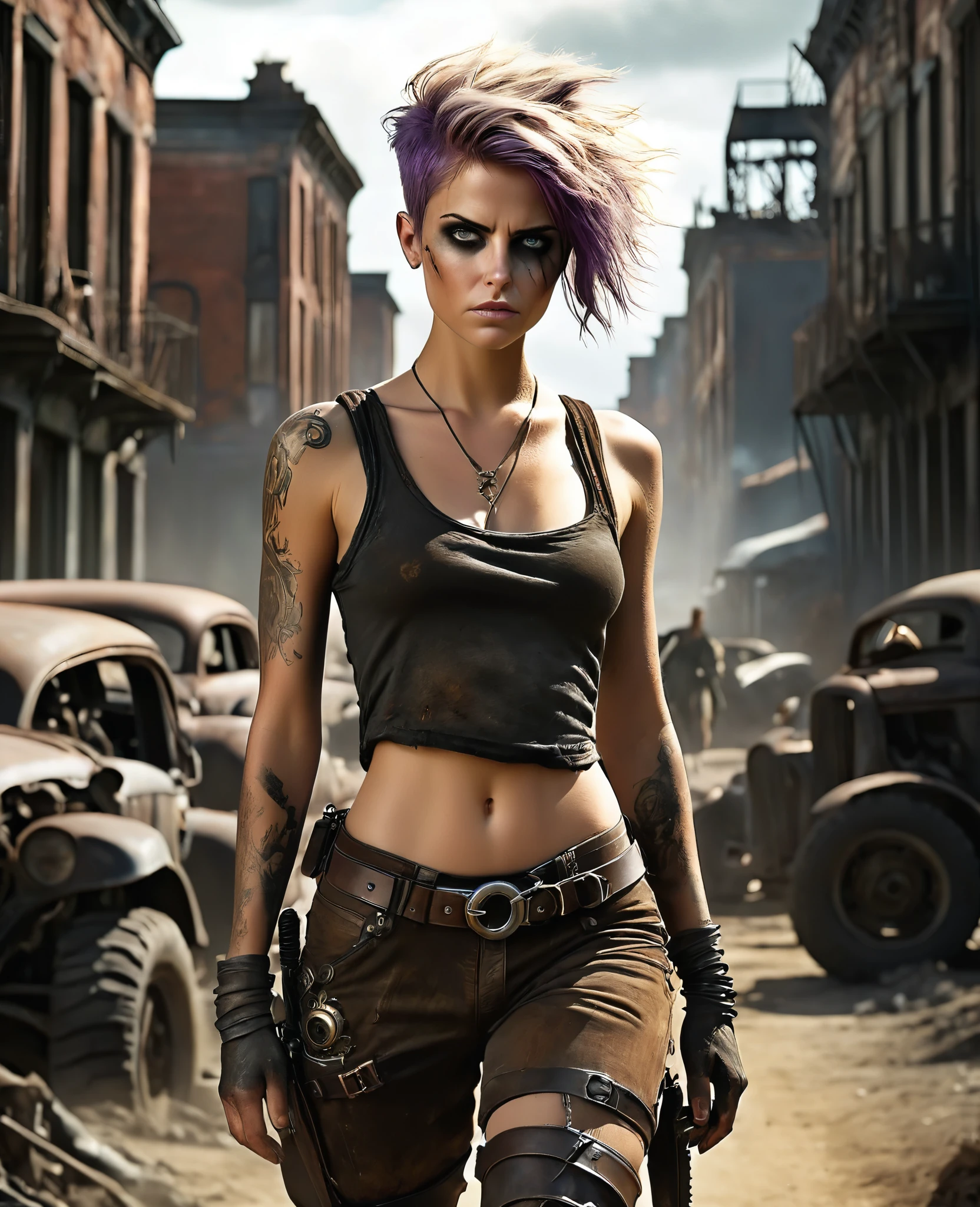 (((high resolution))), (((extremely detailed))), ((masterpiece)), dramatic shadows, depth of field, analog photo style, (world in which are collide steampunk and postapocalyptic vibes), postapocalyptic cute female in steampunk aesthetic, torn dirty clothes, depth of field, full body shot, unzoomed, (perfect body: 1.4), (sidecut short hairstyle), (stalking is quite common, although not the best way to make a living), looks interested, stylized atmosphere of unreality, dark aesthetic, dynamic pose, in motion, Armageddon, increase cinematic lighting, highly lifelike skin texture, parted lips, weary eyes, fine eyes, whitened skin, random hair colour, doomsday aura, (Mad Max world), (The Walking Dead world)