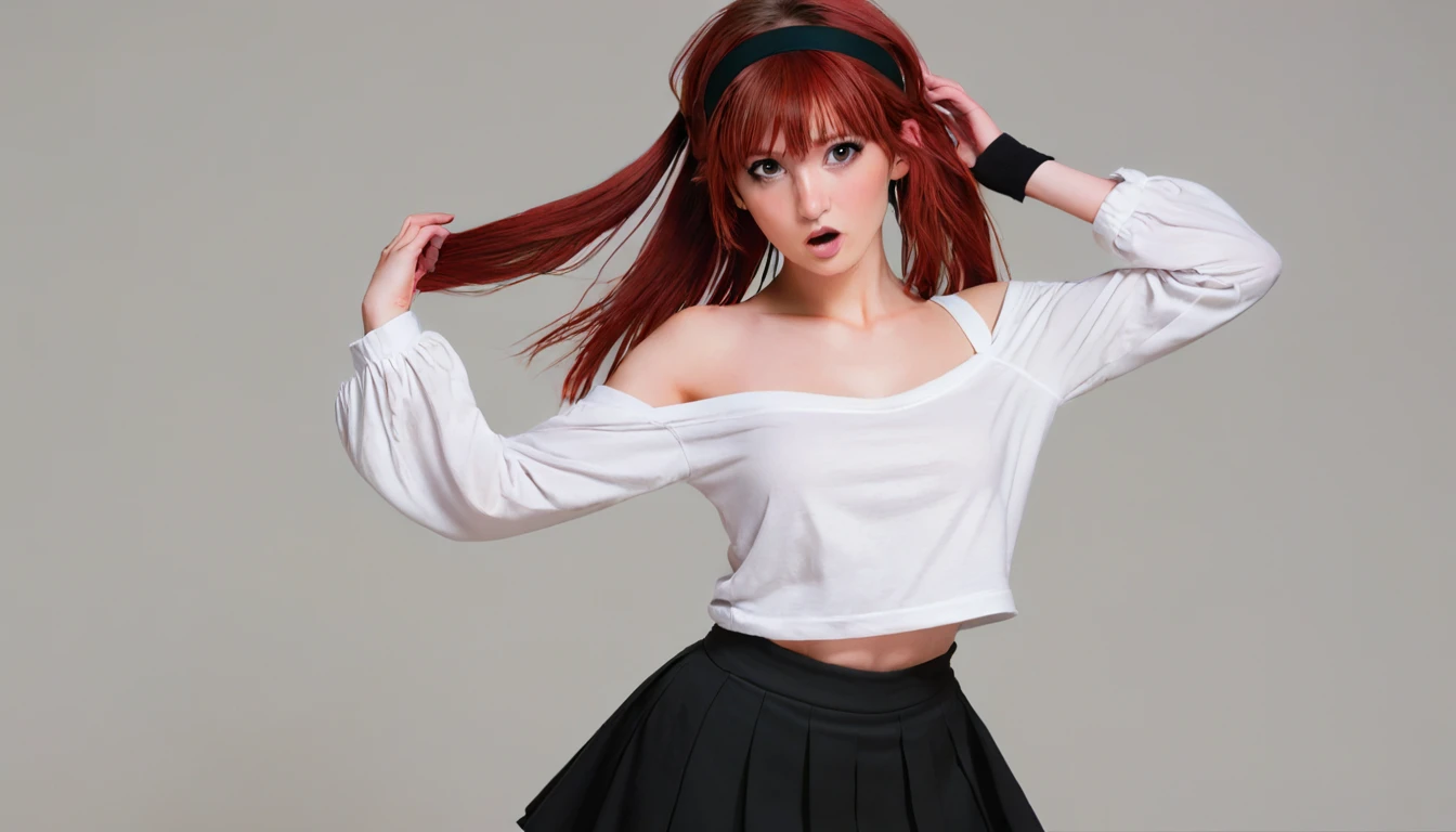 Eris Greyrat, 1 Girl, Solitary, Long hair, Ahog, Red Eyes, Red hair, Bare shoulders,Headband, Cross your arms,blush, skirt, black Headband, breast, Separate sleeves,Bangs, Hair between the eyes, Long sleeve, Hair flap, Shut up, black skirt, brown skirt, shirt, crossed Bangs, very Long hair, white shirt,Biomes,Pointing at oneself,call out,angry, 