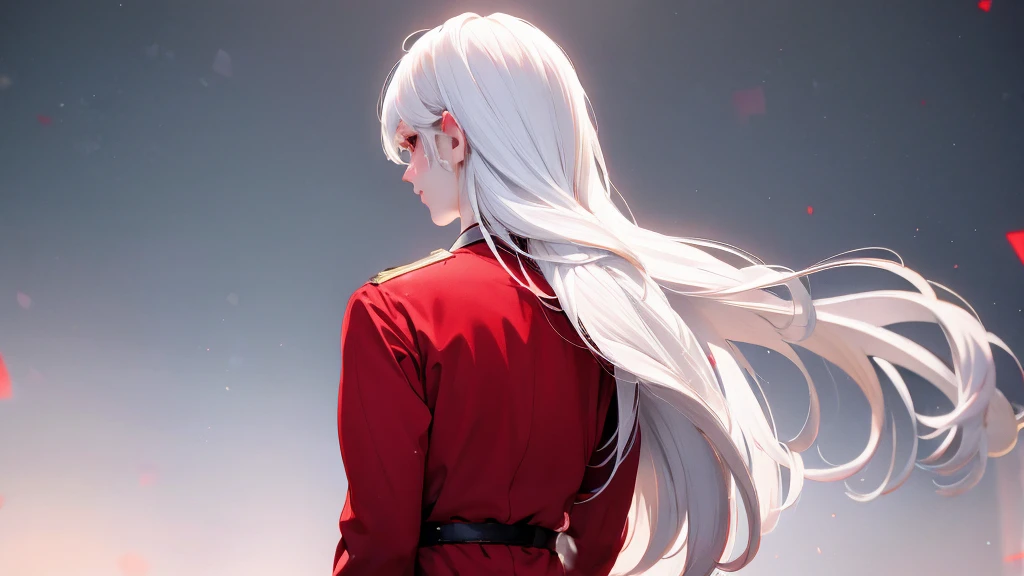 1 Girl, medium light white hair, light white eyes, wearing Red Suit 4D , Night TOWN 18+, high res, ultrasharp, 8K, masterpiece, looking from behind