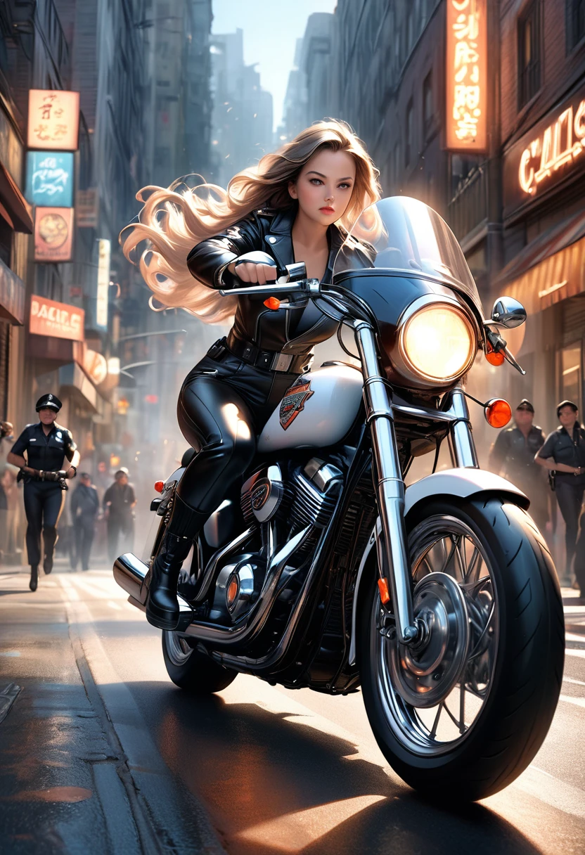 50's style illustration, A beautiful cute police girl riding a white Harley Davidson motorcycle, speeding through the local city streets, black leather rider suit and black leather boots, her hair flowing behind her, a powerful and intense profound depiction, 1girl, realistic, photorealistic, cinematic lighting, dramatic atmosphere, intricate details, dynamic composition, stunning colors, hyper-realistic, award winning, masterpiece,
