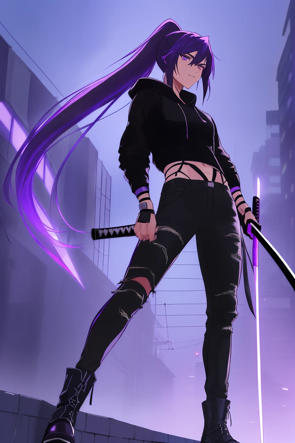 lacus4, (black hoodie, ripped jeans, boots, katana, gloves), (masterpiece, standing, gazing into the distance, tall, 4K, Best Quality, Anime style: 1.9, , Male, (ultra detailed face), (dark alleyway, cityscape background), Drawing lines, high resolution, lacus4), 1boy, Solo, (not so slim, not so buffed, teenage), Long hair tied in a ponytail, (detailed hair strands, violet highlights), (holding a unsheathed katana in his right hand and in his left hand, crackling with violet lightning), (cold