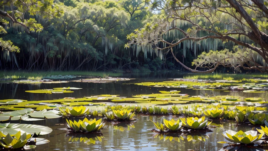 A photograph of a serene natural swamp taken with a standard camera and lens commonly used by photographers. The image focuses on the lush, green swamp with still water reflecting the surrounding vegetation. Lotus flowers and pads are scattered across the water's surface, adding vibrant pops of color. Tall grasses and reeds frame the scene, gently swaying in the breeze. The lighting is natural, capturing the calm and tranquil atmosphere of the swamp. The details of the swamp, including the textures of the water, lotus flowers, and surrounding foliage, are crisp and clear, showcasing the beauty of this untouched natural environment.