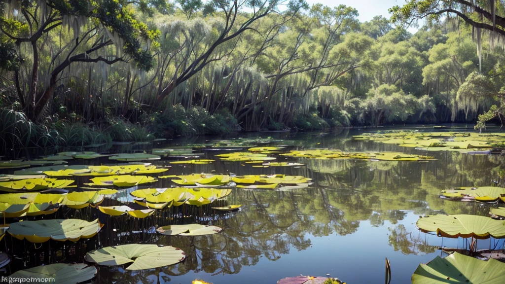 A photograph of a serene natural swamp taken with a standard camera and lens commonly used by photographers. The image focuses on the lush, green swamp with still water reflecting the surrounding vegetation. Lotus flowers and pads are scattered across the water's surface, adding vibrant pops of color. Tall grasses and reeds frame the scene, gently swaying in the breeze. The lighting is natural, capturing the calm and tranquil atmosphere of the swamp. The details of the swamp, including the textures of the water, lotus flowers, and surrounding foliage, are crisp and clear, showcasing the beauty of this untouched natural environment.