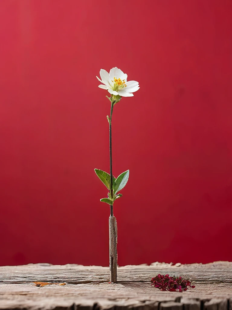 Solid red background,A small flower on a dry wooden stake,50%White Space