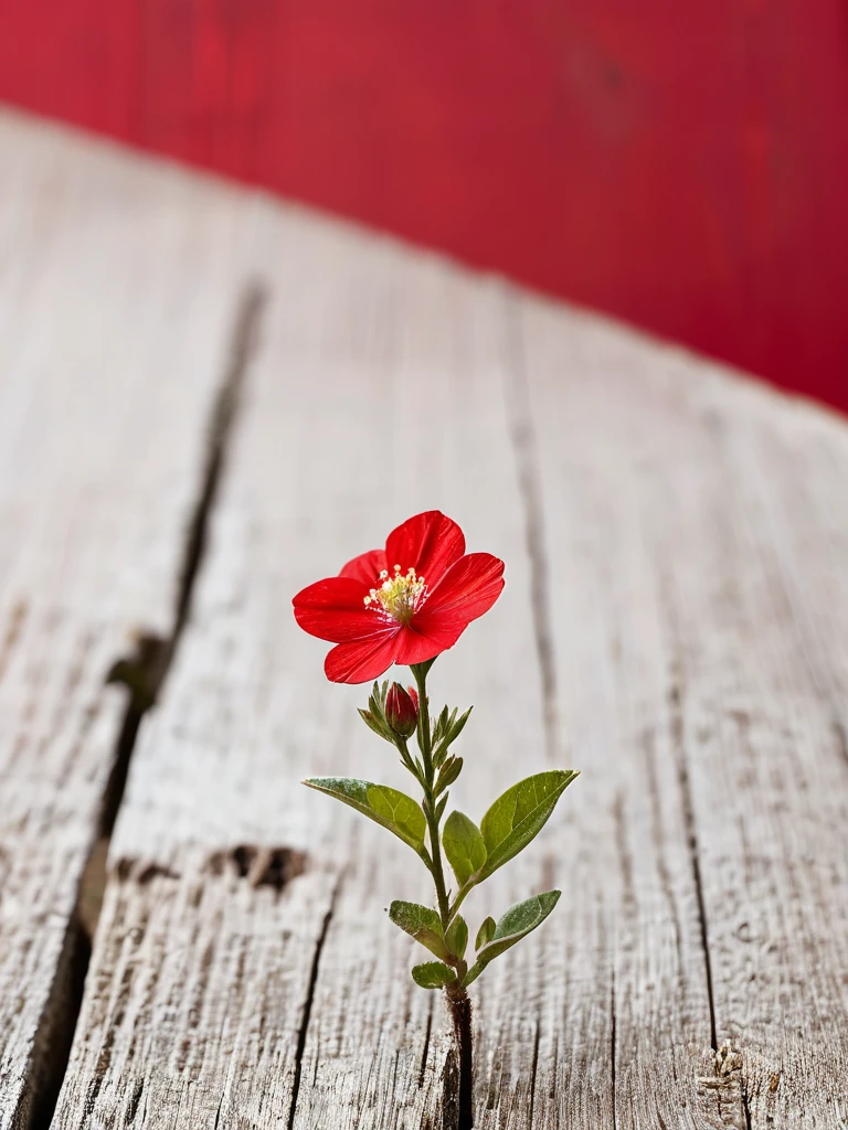 Solid red background，A small flower on a dry wooden stake，50%White Space