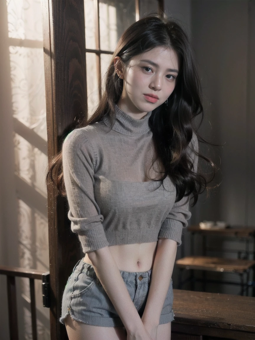 ((((top-quality))))、(((Ultra Precision CG16K Wallpapers)))、(((​masterpiece)))、(((Ultra-detail)))、(((Ultra-extreme details)))、１Man Woman、a matural female、a 30yo woman、((beautiful face))、((extremely beautiful face))、((Nozomi Sasaki:1.5))、((Straight semi-long hair:1.3))、(shinny hair)、Bangs up to the eyebrows、Beautiful brown hair、Beautiful delicate eyes、Brown eyes、raised eyebrows、lofty nose、small nostrils、small mouth、seductive lips、slightly open mouth、Beautiful breasts、C-cup size breasts、cleavage of the breast、Plump body、perfectly proportions、perfect anatomia、perfect-composition、beautiful detailed shading、Beautiful natural lighting、Beautiful detail glow、depth of fields、(((a high chroma)))、(((realisitic:1.9)))、((vivid:1.4))、((Beautiful skin))、((Skin texture))、((Realistic skin feel))、(((Head-to-thigh shot:1.5)))、((Frontal angle:1.5))、((a smile:1.4))、(Eyes looking at me)、Bright sunshine、(((a park)))、((standing pose:1.5))、(((Black high neck cashmere sweater clothing:1.5)))、(((Wearing gray shorts:1.5)))、