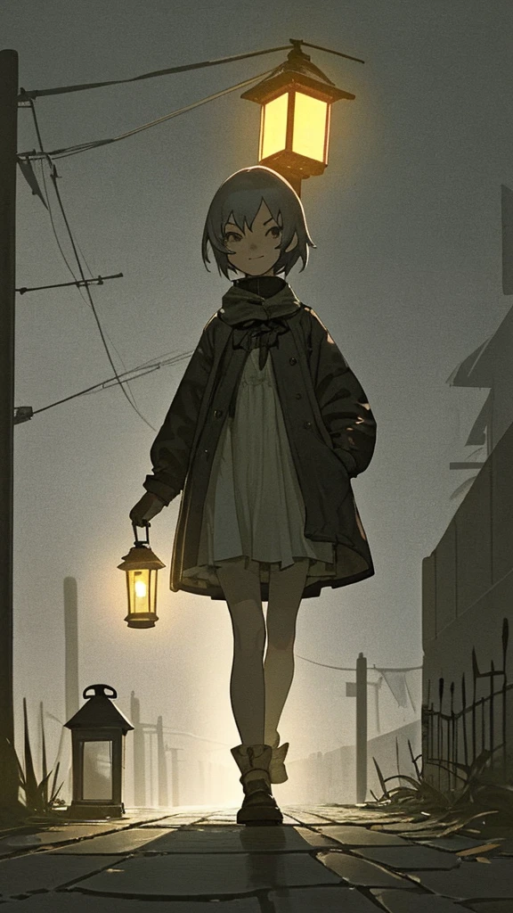 A girl of approximately 18 years old dressed in a , walking down the street, the atmosphere is somewhat dark at night, with a lantern illuminating it, and she seems to be alone, the girl looks at you with a small smile, 
The girl&#39;s skirt is long and she holds it with her hands, apparently squeezing it out of fear.