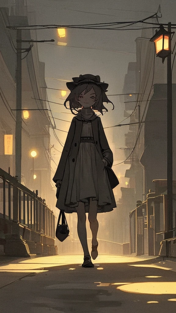 A girl of approximately 18 years old dressed in a , walking down the street, the atmosphere is somewhat dark at night, with a lantern illuminating it, and she seems to be alone, the girl looks at you with a small smile,
The girl's skirt is long and she holds it with her hands, apparently squeezing it out of fear.