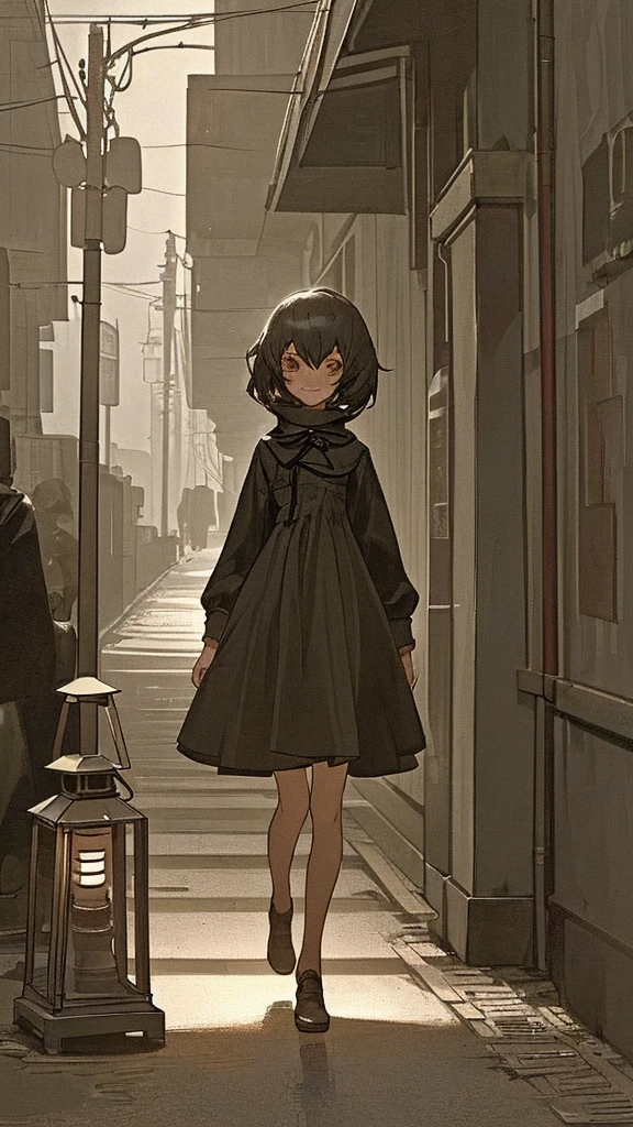 A girl of approximately 18 years old dressed in a , walking down the street, the atmosphere is somewhat dark at night, with a lantern illuminating it, and she seems to be alone, the girl looks at you with a small smile,
The girl's skirt is long and she holds it with her hands, apparently squeezing it out of fear.