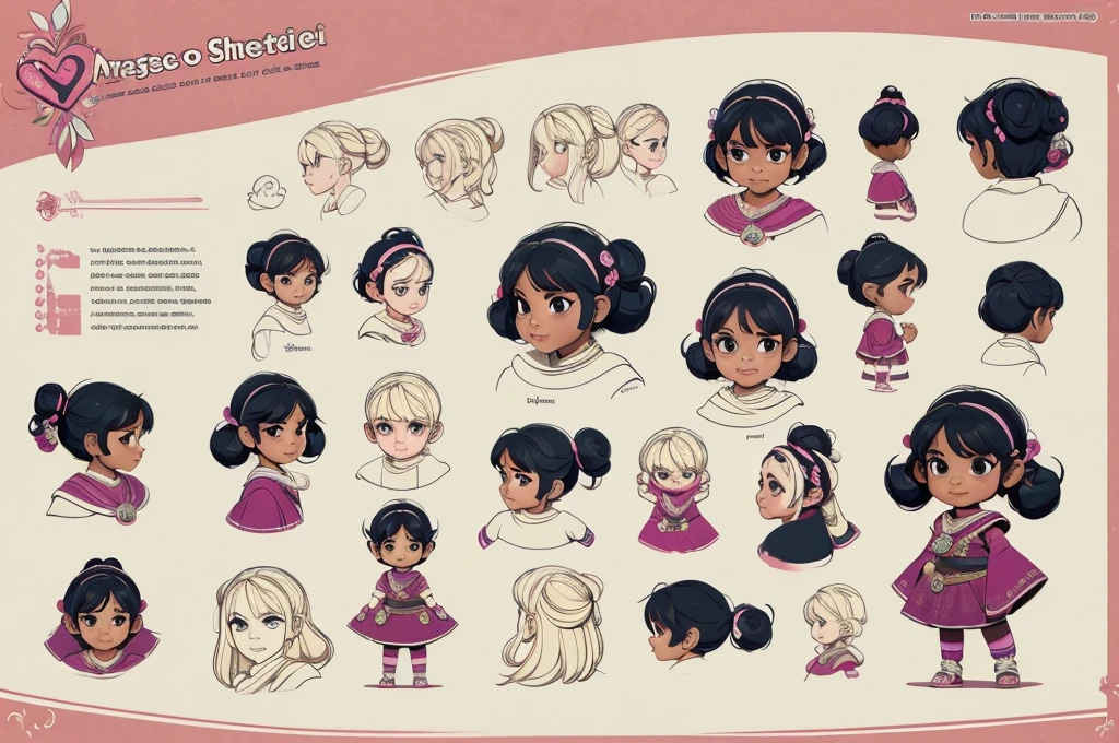 a 6 year old girl, ((masterpiece)),(((best quality))),(character design sheet, same character, front, side, back), illustration, Indian girl