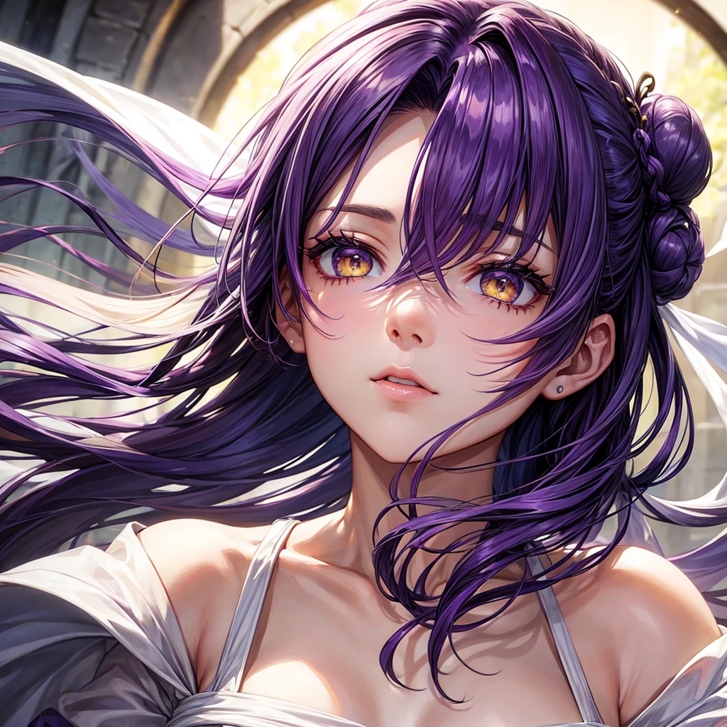 (masterpiece), best quality, expressive eyes, perfect face, purple hair, yellow eyes, women, closed white dress, hair in a bun,