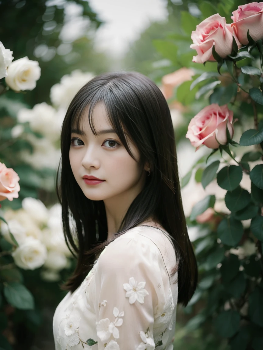 Create a portrait of a beautiful woman with medium black hair standing in a garden surrounded by blooming roses. Capture the intricacy of the rose petals and the subtle nuances of the woman’s expression.