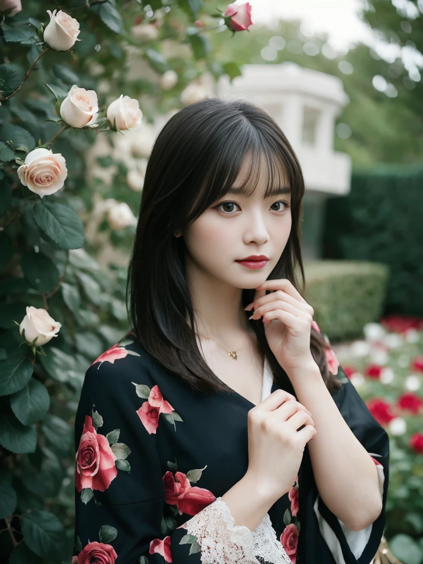 Create a portrait of a beautiful woman with medium black hair standing in a garden surrounded by blooming roses. Capture the intricacy of the rose petals and the subtle nuances of the woman’s expression.
