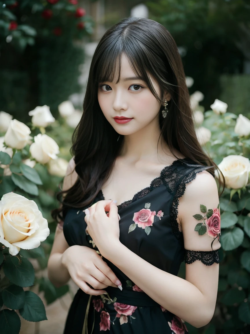 Create a portrait of a beautiful woman with medium black hair standing in a garden surrounded by blooming roses. Capture the intricacy of the rose petals and the subtle nuances of the woman’s expression.