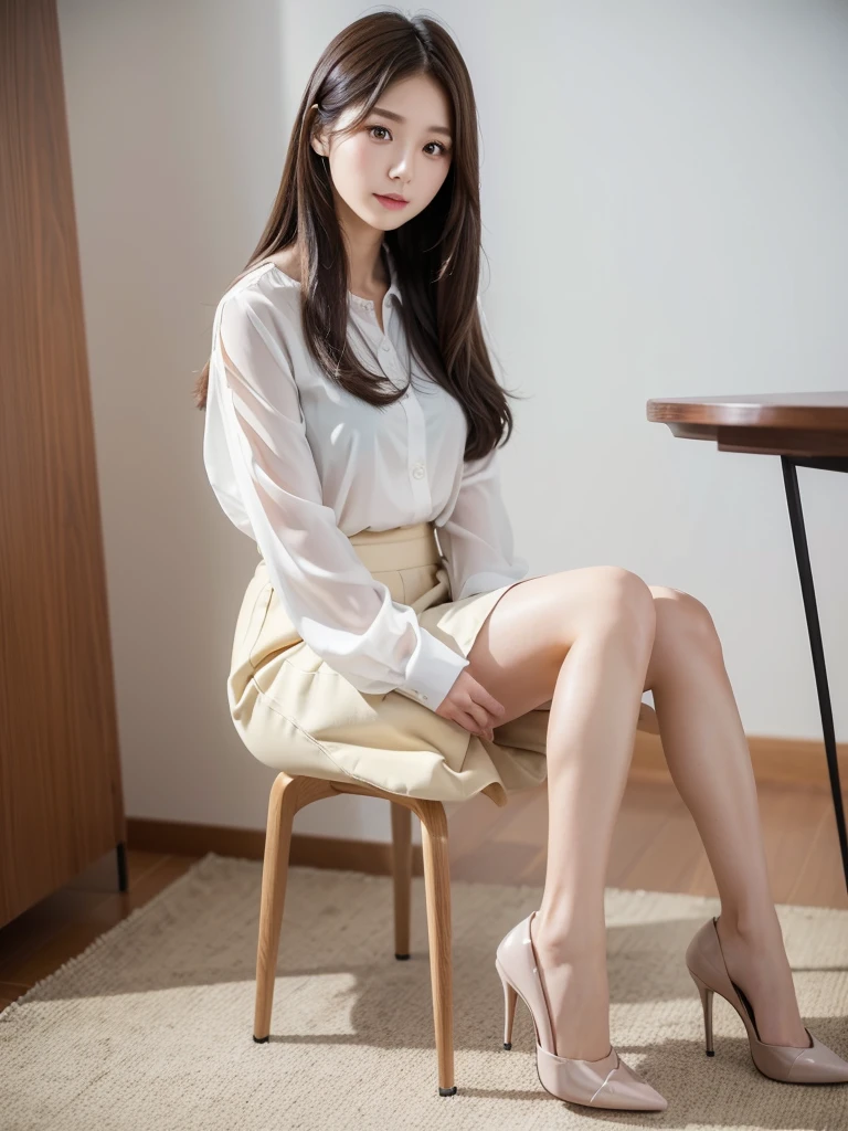 High heels、blouse、Mid-length skirt 、(Highest quality)、((Very detailed))、4K、(8K)、masterpiece、Very detailedな、Highest quality、Super Resolution、1 person、Kind Face、Soft Light、RAW quality、Soft Skin、163cm、White Room、Sit on a chair,30 years old