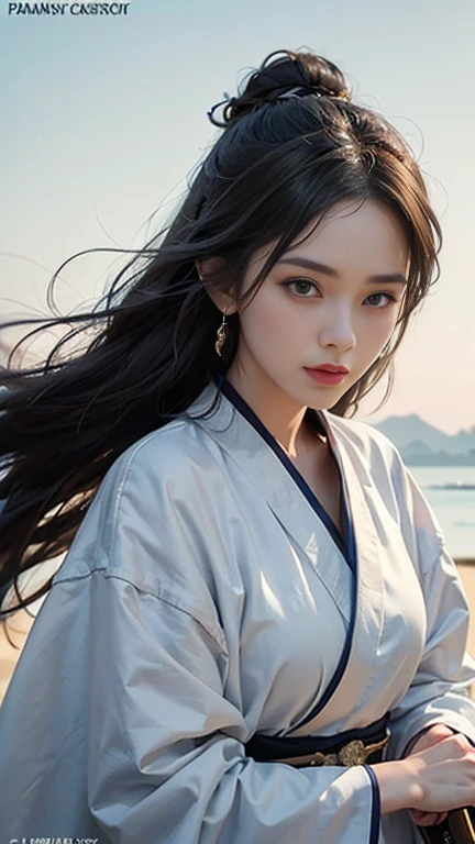 Close-up of a woman wearing a white dress and holding a sword, Portraits by Jan J., Trending on CGSociety, Fantasy art, Beautiful character drawings, artwork in the style of Gwaiz, Gwaiz, White Hanfu, Flowing white robes, Full body martial arts, Magnificent and elaborate character art, Amazing character art, beautiful female assassin