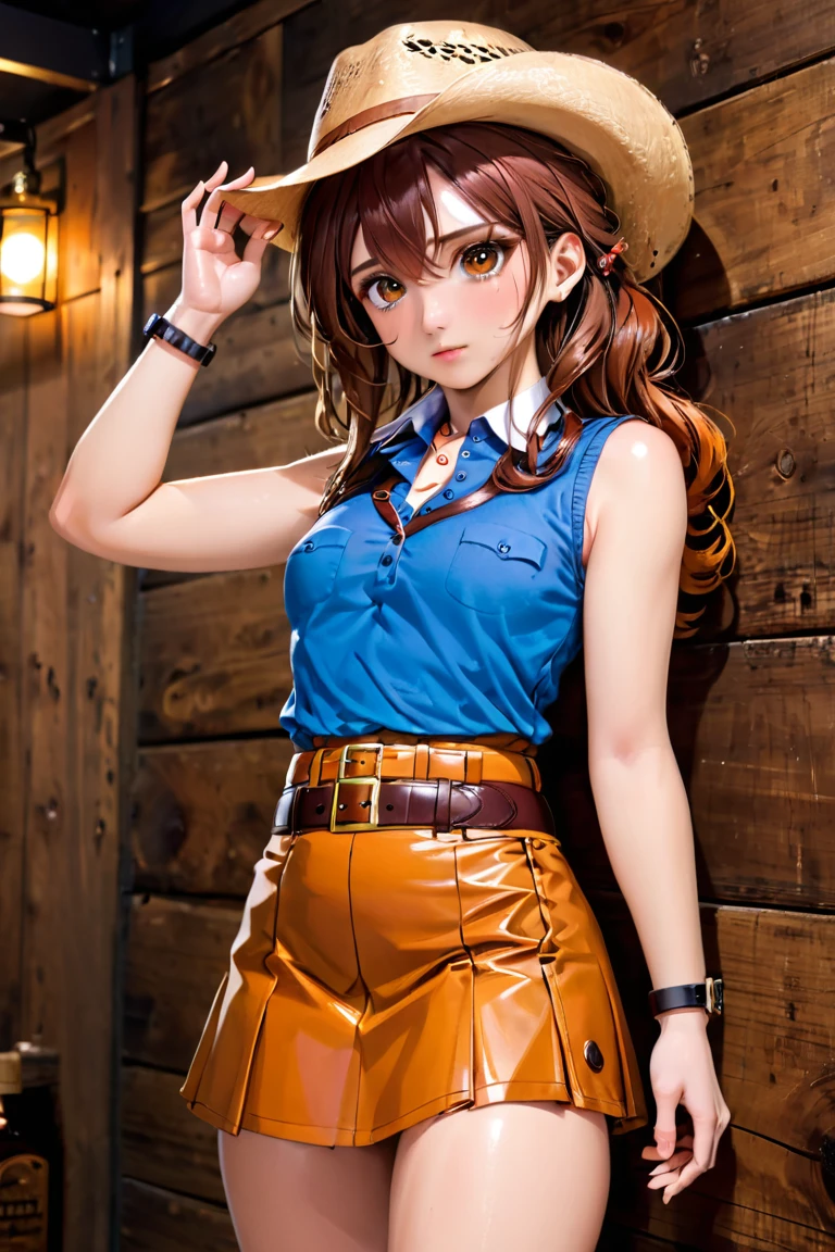 (((1 person:2.0))),(((Sleeveless collared shirt:1.8))),(((Ultra mini skirt:1.8))),(((Slim body:1.8))),(((Brown gun belt with holster:1.8))),((Brown cowboy hat:1.8)),((Wear a metal watch on your wrist:1.8))),(((Showing cleavage))),(((Exposed thin inner thighs))),(((Small breasts:1.5))),(((Bare arms))),(((Her hair is brown))),((Blushed:1.2)), Beautiful detailed girl, Very detailed目と顔, 緻密でBeautiful Eyes, Very detailed, High resolution, Highest quality, masterpiece, Very detailed, 8k wallpaper, wonderful, finely, Highest quality,(Standing in front of a wooden wall),Beautiful Eyes,((Engage your audience:1.2)),(((Full Body Shot:1.8))),((Are standing:1.2)),((Put your right hand on your chest:1.2)),((Whiskey in left hand:1.4)),(((Drunk:1.5))),(((Drunk face:1.0)))