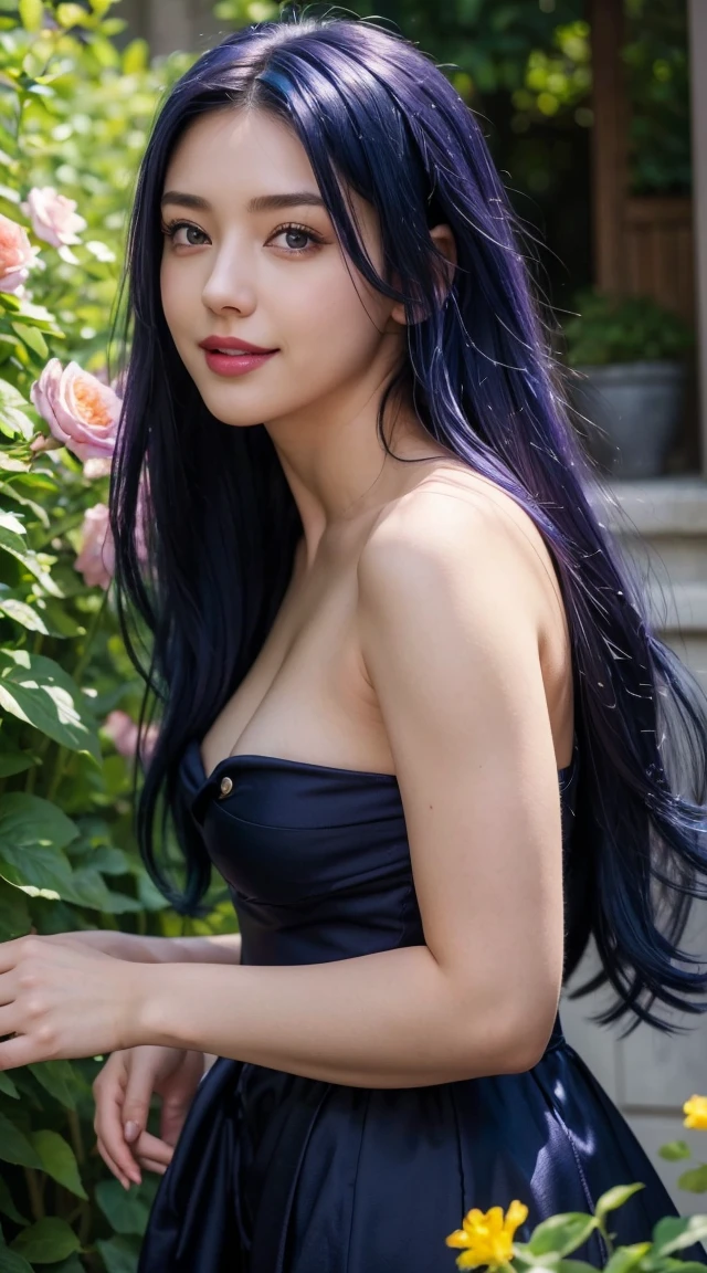 ((((nude)))),(Absurd, High resolution, Super detailed), masterpiece, Hinata(bolt), ((alone)), One girl,Medium chest, Long purple Victorian dress, Mouth closed, (((Long Hair))),Are standing, Bodice and skirt patterns, Frilled Skirt, race, Blinking blinking effect, (((Detailed lips))), garden, Pink and yellow flowers, ((Realistic Skin)), Glowing Skin, ((Glossy Red Lips)), Purple eyes, Portraiture, beautiful, smile, (((Dark blue hair))), Bust Crop, Normal skin