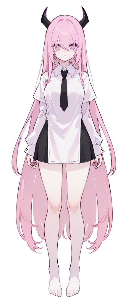 (((Long Pink hair))),Pink hair,kawai,(((Eyes visible from bangs,hair over eyes:1.3))),,Huge breasts,(purple color eyes),,(purple slanted eyes),1girl in,bangs,long White hair, pantyhose,Cowboy Shot,white background,Straight hair hair,(On both sides of the head has sharp black devil horns) ((head bowed pose)) Ter's hair flows straight down, has two sharp black horns (slant purple eyes) (((wearing a perfect white shirt))) white shirt sleeves should be folded to the elbows ((Don't wear any ties (wear a black skirt,) (showing her bare thighs) Long black skirt split at the thighs, perfect white shirt, no accessories like a tie (sexy body) Bare thighs without wearing any socks, The character's body is visible from head to ankle, ((Tall slim perfect body)) (tight black skirt) full body full body full body full body (Full body image) legs wearing a short white loose t-shirt, Perfect long toe legs kawai