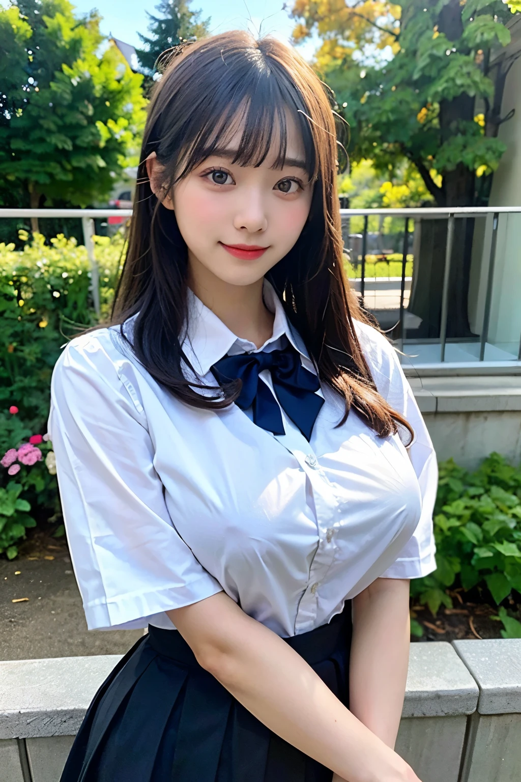 (Highest quality, 8K, 32k, masterpiece, Ultra-high resolution:1.2), Cute Japanese Girl, (Huge :1.4), Long black hair, bangs, (school uniform), Tight waist, (Outdoor, garden, blue sky),(high school girl),