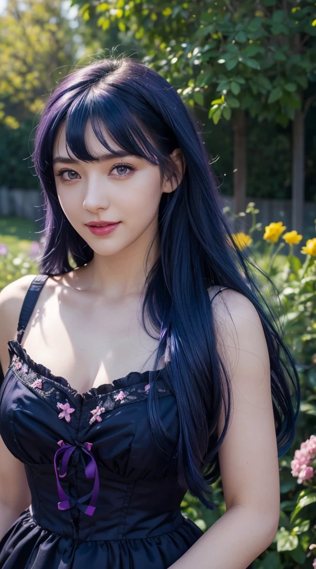 (Absurd, High resolution, Super detailed), masterpiece, Hinata(bolt), ((alone)), One girl,Medium chest, Long purple Victorian dress, Mouth closed, (((Long Hair))),Are standing, Bodice and skirt patterns, Frilled Skirt, race, Blinking blinking effect, (((Detailed lips))), garden, Pink and yellow flowers, ((Realistic Skin)), Glowing Skin, ((Glossy Red Lips)), Purple eyes, Portraiture, beautiful, smile, (((Dark blue hair))), Bust Crop, Normal skin