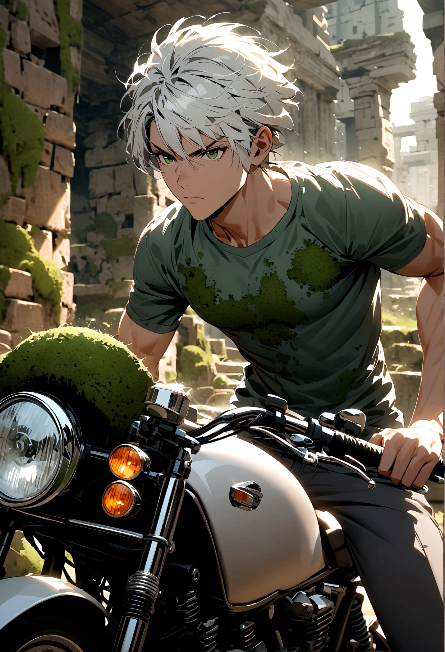 motorcycle, A man with a toned body, Solitary, White hair, short hair, Black and gray social shirt, Black and gray trousers, Serious look, Light green eyes, Ancient ruins, Moss green tie.