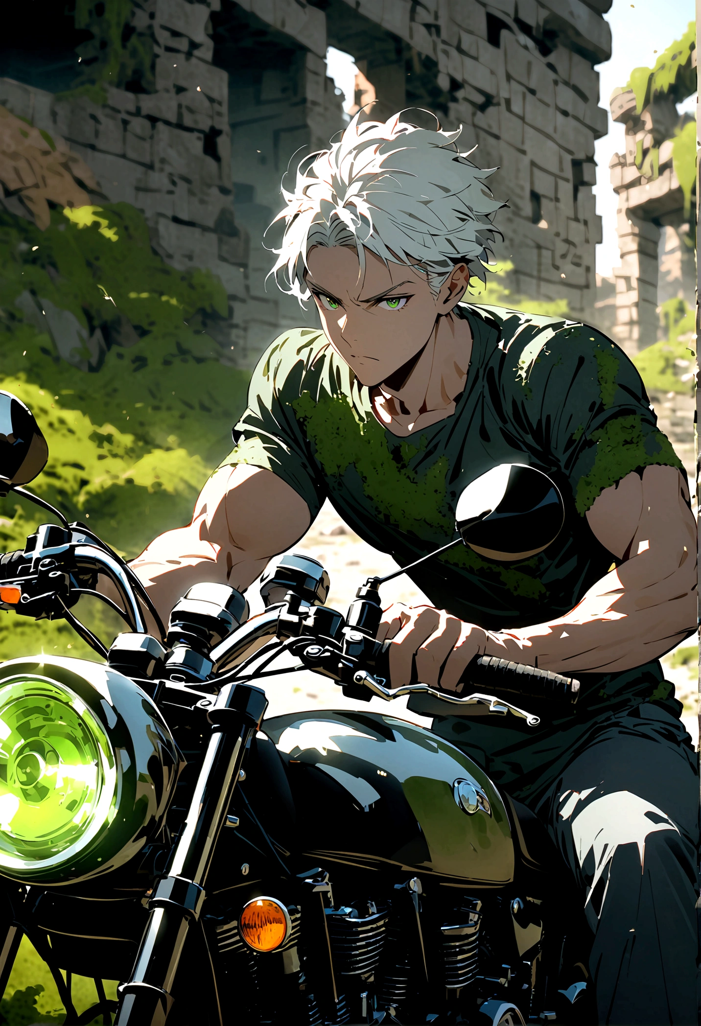 motorcycle, A man with a toned body, Solitary, White hair, short hair, Black and gray social shirt, Black and gray trousers, Serious look, Light green eyes, Ancient ruins, Moss green tie.