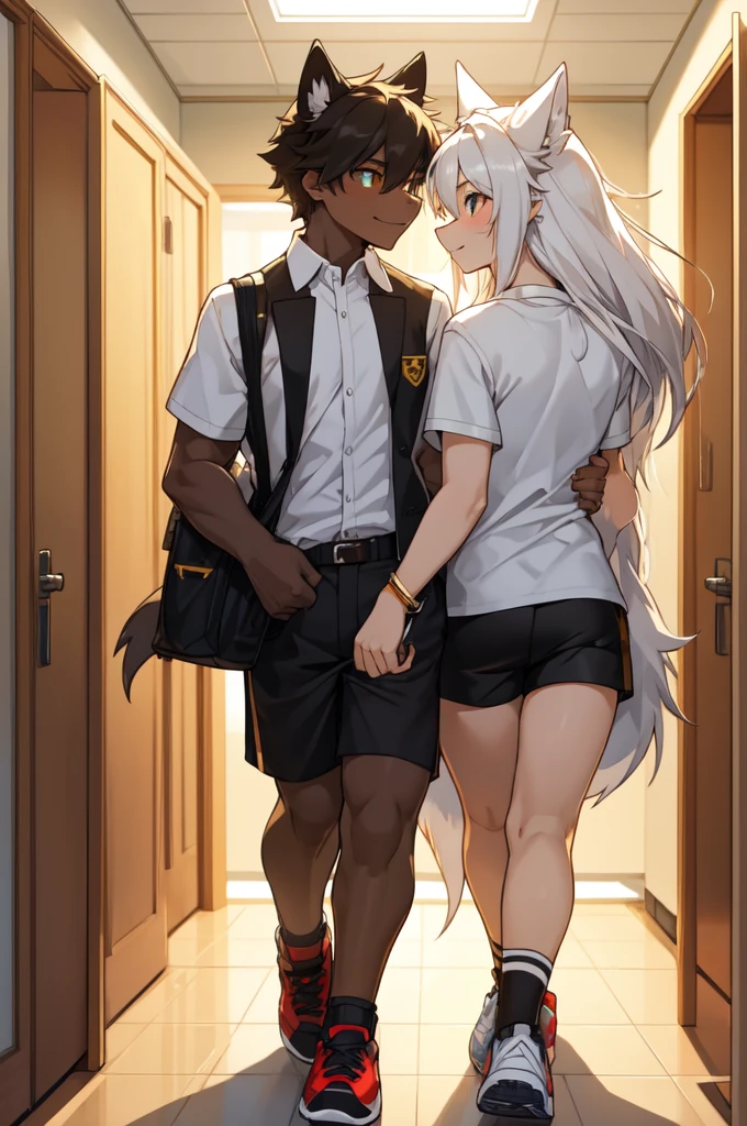 black panther, anthropomorphic, menswear, dressed in a school shirt ( japanese) simple with white buttons, White hair, red and black Jordan shoes, short black shorts, naughty expression, holding a wolf from behind (your boyfriend) brown and white skin, white hair, White shirt with white buttons, white and gray Jordan shoes, short black shorts, both 18 years old, male athletic bodies, beautiful, naughty expression. (They are furries).

While Yellow Screen keeps a firm arm around the wolf, your eyes shine with a mixture of malice and affection. The wolf, with a mischievous smile on his lips, returns the gaze with equal intensity. They are in a school environment, near the hallway closets, where soft sunlight filters through the windows, creating a harmonious contrast with your dark and light skin. The other students pass by them, casting curious glances and, Sometimes, embarrassed, mas Tela Amarela e your boyfriend parecem alheios, lost in the private world they created together.

Both are known at school not only for their striking good looks and distinctive fashion styles., but also for the unshakable confidence they exude. The friendship and love between them is palpable, manifesting itself in small gestures and subtle touches that demonstrate a deep mutual understanding. Classes are about to start, more for oil Amarela eo lobo, this moment together in the hallway is a welcome break from the daily grind, a reminder that, despite school responsibilities, There will always be time for romance and fun.