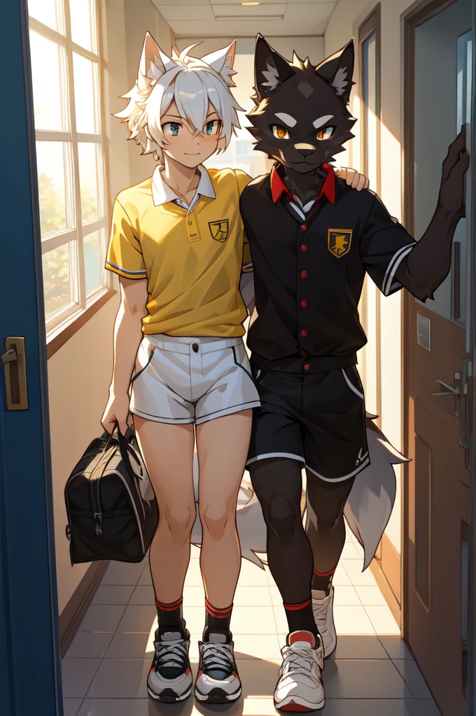 black panther, anthropomorphic, menswear, dressed in a school shirt ( japanese) simple with white buttons, White hair, red and black Jordan shoes, short black shorts, naughty expression, holding a wolf from behind (your boyfriend) brown and white skin, white hair, White shirt with white buttons, white and gray Jordan shoes, short black shorts, both 18 years old, male athletic bodies, beautiful, naughty expression. (They are furries).
While Yellow Screen keeps a firm arm around the wolf, your eyes shine with a mixture of malice and affection. The wolf, with a mischievous smile on his lips, returns the gaze with equal intensity. They are in a school environment, near the hallway closets, where soft sunlight filters through the windows, creating a harmonious contrast with your dark and light skin. The other students pass by them, casting curious glances and, Sometimes, embarrassed, mas Tela Amarela e your boyfriend parecem alheios, lost in the private world they created together.
Both are known at school not only for their striking good looks and distinctive fashion styles., but also for the unshakable confidence they exude. The friendship and love between them is palpable, manifesting itself in small gestures and subtle touches that demonstrate a deep mutual understanding. Classes are about to start, more for oil Amarela eo lobo, this moment together in the hallway is a welcome break from the daily grind, a reminder that, despite school responsibilities, There will always be time for romance and fun.