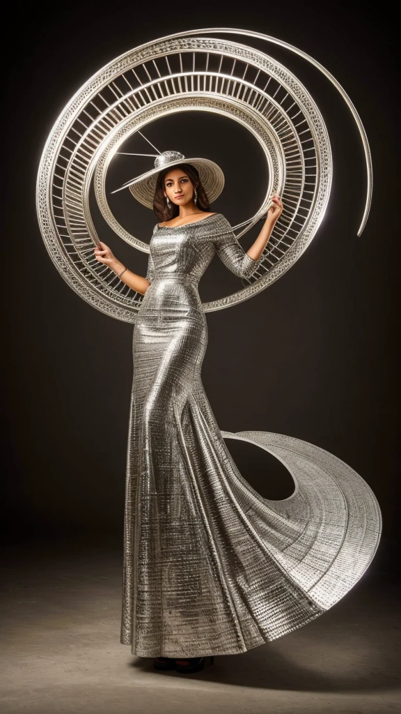 a woman in a dress made of metal spirals with a large hat made of a metal spiral