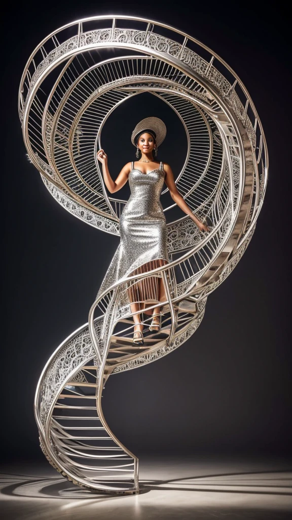 a woman in a dress made of metal spirals with a large hat made of a metal spiral  