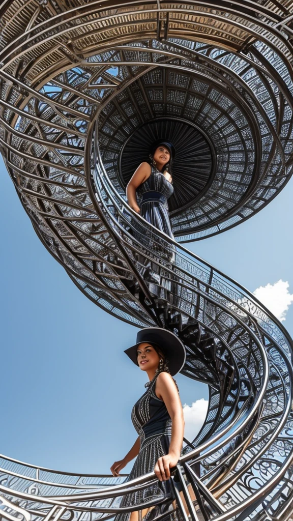 a woman in a dress made of metal spirals with a large hat made of a metal spiral  
