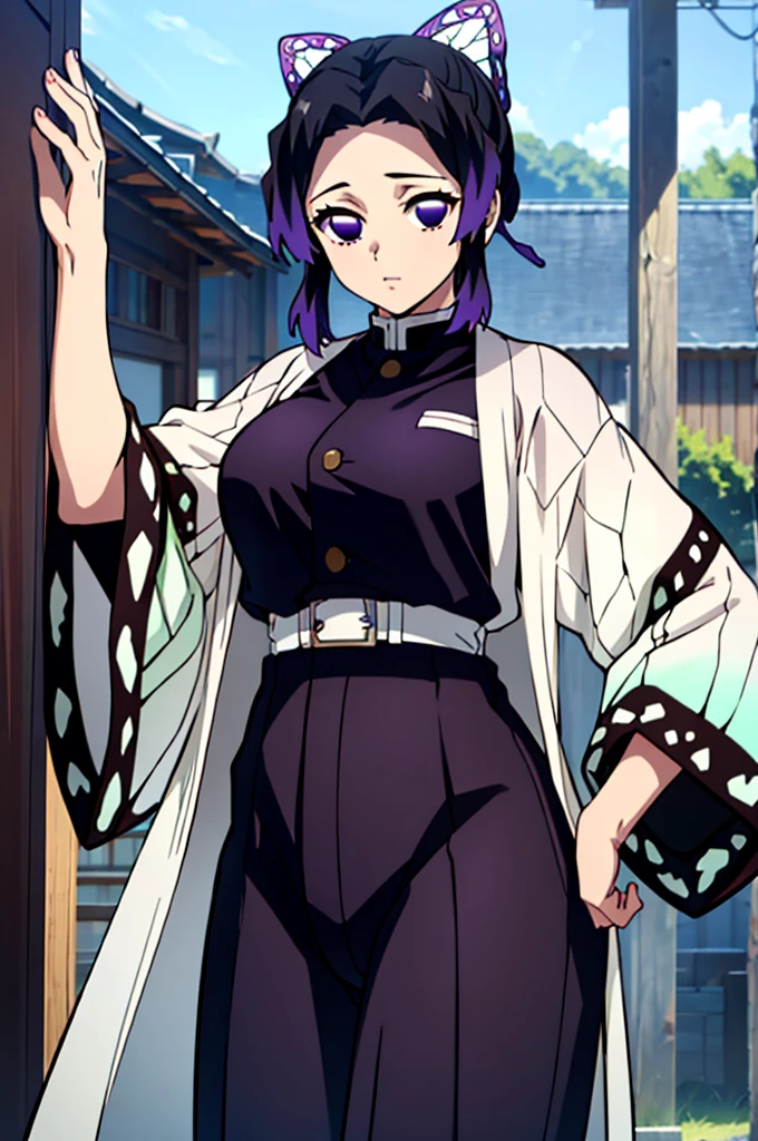 (masterpiece:1.3), (best quality:1.1), (8k, ultra detailed, ultra high res:1.2), ((anime style)), perfect 5 fingers, perfect anatomy, 
1girl,
Shinobu Kochou, 
BREAK short hair, black hair, hair intakes, gradient hair, 
purple eyes, 
bow in hair, butterfly, 
large breasts,  
BREAK black shirt, black tethered pants, white haori, 
looking at viewer, 
cowboy shot, 
perfect light, standing, outdoors, age of Edo, 