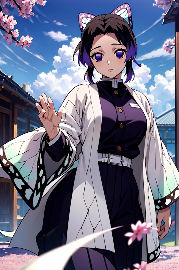 (masterpiece:1.3), (best quality:1.1), (8k, ultra detailed, ultra high res:1.2), ((anime style)), perfect 5 fingers, perfect anatomy,
1girl,
Shinobu Kochou,
BREAK short hair, black hair, hair intakes, gradient hair,
purple eyes,
bow in hair, butterfly,
large breasts,
BREAK black shirt, black tethered pants, white haori,
looking at viewer,
cowboy shot,
perfect light, standing, outdoors, age of Edo,