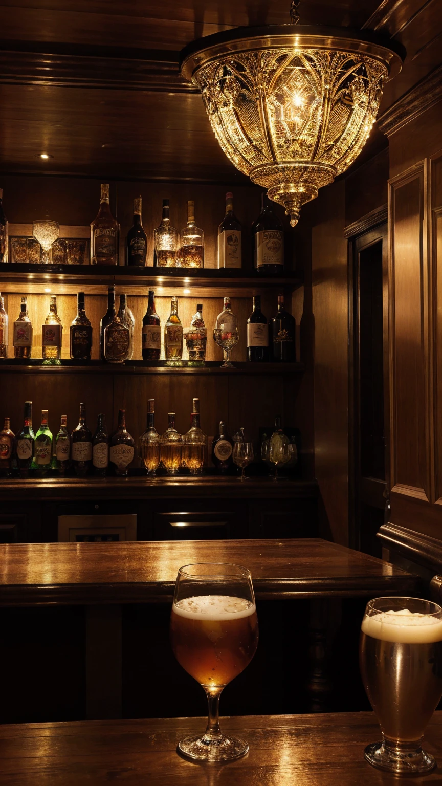 create an ultra-high definition, hyper-realistic, highly detailed, high-quality image, sharp focus, professional lighting, vivid colors and intricate details of the interior of a typical decorated London bar or pub.