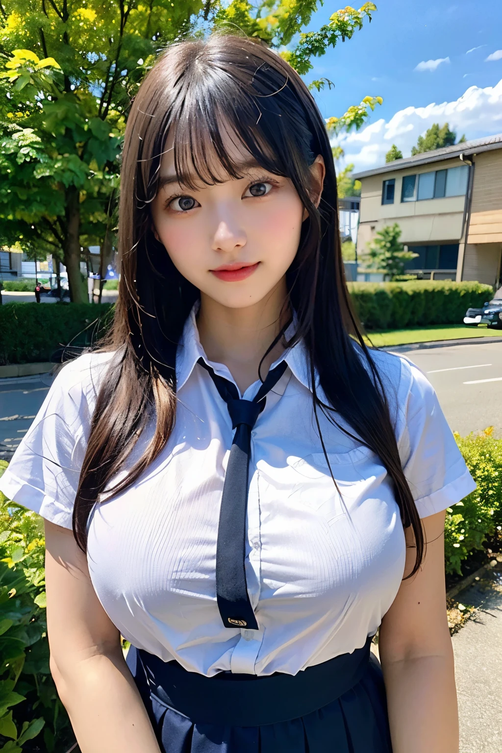 (Highest quality, 8K, 32k, masterpiece, Ultra-high resolution:1.2), Cute Japanese Girl, (Huge breasts:1.4), Long black hair, bangs, (school uniform), Tight waist, (Outdoor, garden, blue sky),(high school girl),