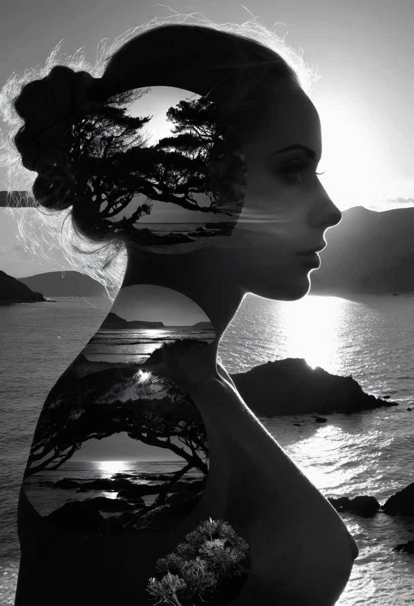 high quality, 8K Ultra HD, A beautiful double exposure that combines an goddess silhouette with sunset coast, sunset coast should serve as the underlying backdrop, with its details incorporated into the goddess , crisp lines, The background is monochrome, sharp focus, double exposure, awesome full color