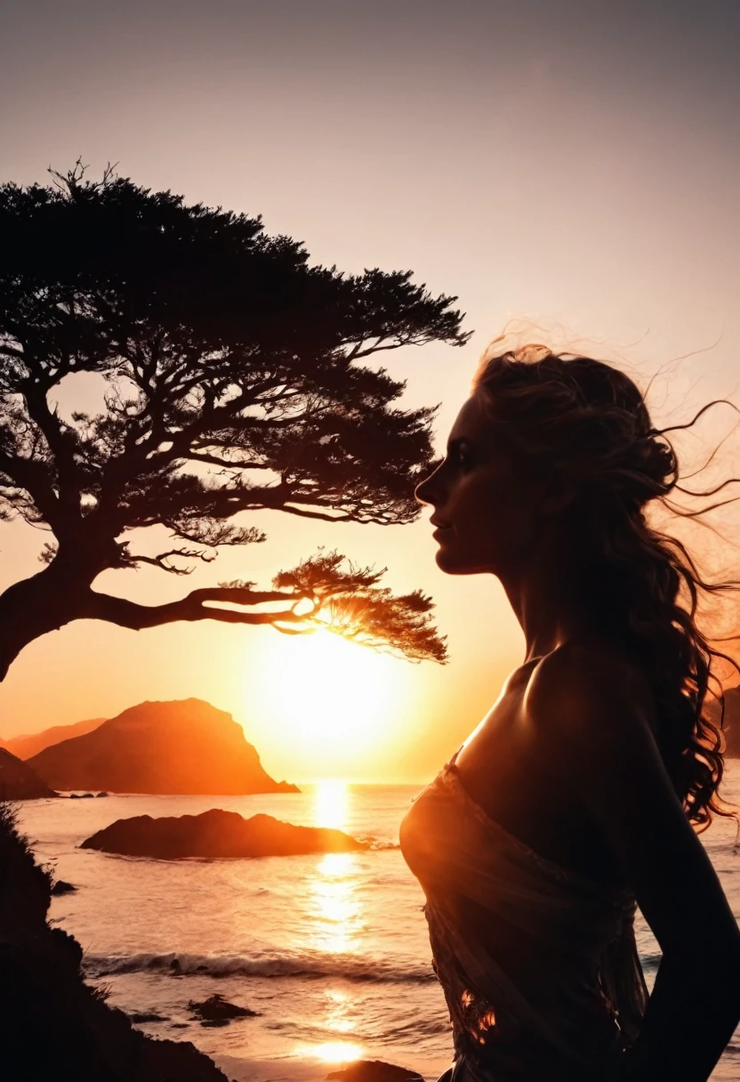 high quality, 8K Ultra HD, A beautiful double exposure that combines an goddess silhouette with sunset coast, sunset coast should serve as the underlying backdrop, with its details incorporated into the goddess , crisp lines, The background is monochrome, sharp focus, double exposure, awesome full color