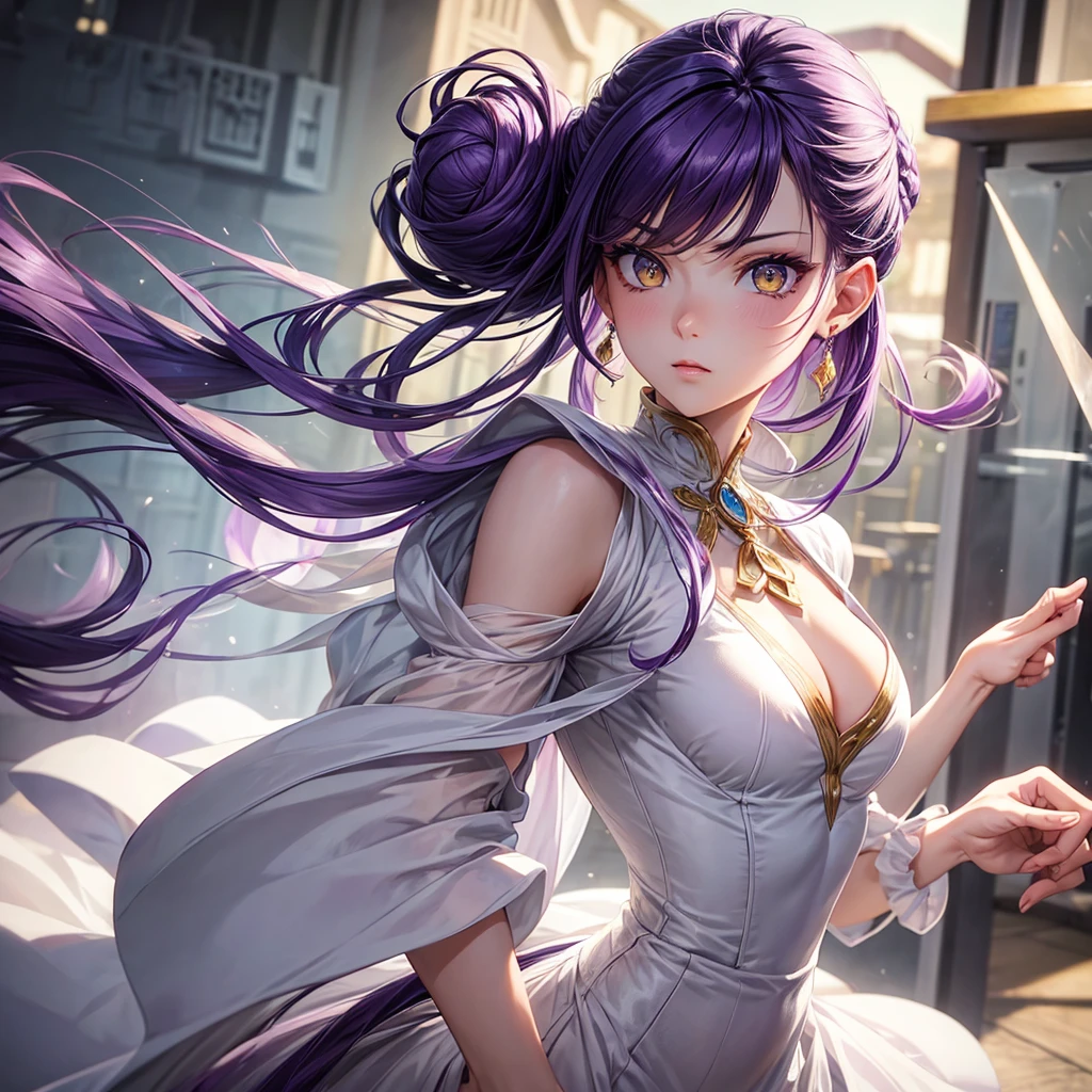 (masterpiece), best quality, expressive eyes, perfect face, purple hair, yellow eyes, women, closed white dress, hair in a bun,
